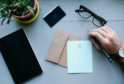 Laptop dan ponsel di meja kerja menampilkan tata letak blog yang sederhana